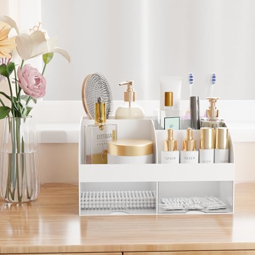 Makeup Organizer with Drawers, Cosmetic Storage for Dresser Vanity and Bathroom Countertop, Beauty Holder for Lipstick Brush, Skincare Organizer for Vanity, Cosmetic Display Case (White) - color: White