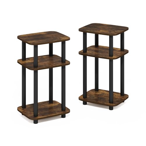 Furinno JUST Side Table Set of 2, 3-Tier Turn-N-Tube End Table with Open Shelf, Round Curve Corner Night Stand, Bedside Table, Easy Assembly, for Living Room, Bedroom, Amber Pine - color: Amber Pine, size: 2-Pack, Plastic Frame, 3-Tier
