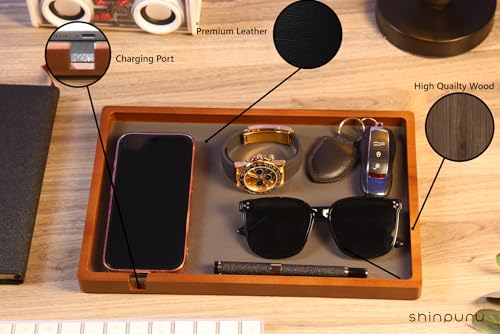 Shinpuru Wooden Valet Tray for Men, Nightstand Organizer with Leather Inlay, EDC Essentials Catchall Tray for Keys, Phone, Wallet, Watch, Earbuds - Bedside Desk Entryway Tray (Wood-Full) - color: Brown-F