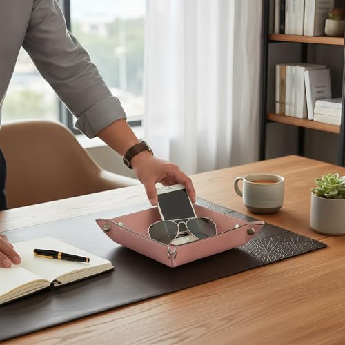 siduater Valet Tray Desktop Storage Organizer – Vegan Leather Catchall Bedside Vanity Tray Nightstand Caddy Holder for Remote Controller, Watch, Keys, Phone, Wallet, Coin, Jewelry, Stone Pink - color: Stone Pink