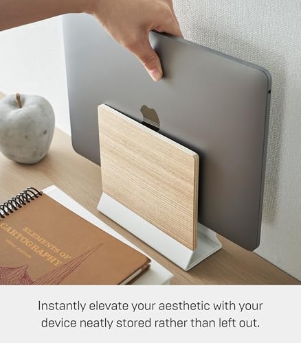 YAMAZAKI Home Rin Portable Laptop Holder Stand for Desk in Bedroom Or Office, Wooden Storage Station - Steel + Wood - color: Walnut