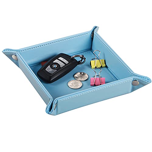 YAPISHI Key Dish Bowl for Men, Entryway Catchall Holder Bedside Table Valet Tray for Pocket Stuff, PU Leather Nightstand Organizer for Dice/Coins/Wallet/Watch/Rings/Sunglasses, Dresser/Coffee Table - color: Light Blue