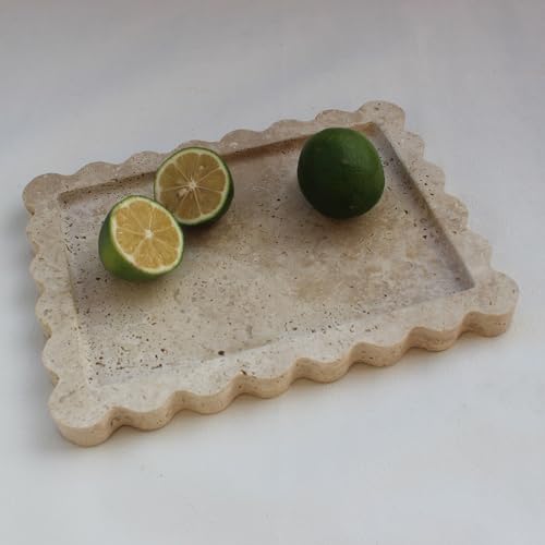 Natural Luxury Scalloped Marble Tray 10.8"x8", Rectangle Vanity Tray for Bathroom Kitchen Counter, Decorative Tray for Dresser Home Decor - Beige Travertine - color: Beige Travertine