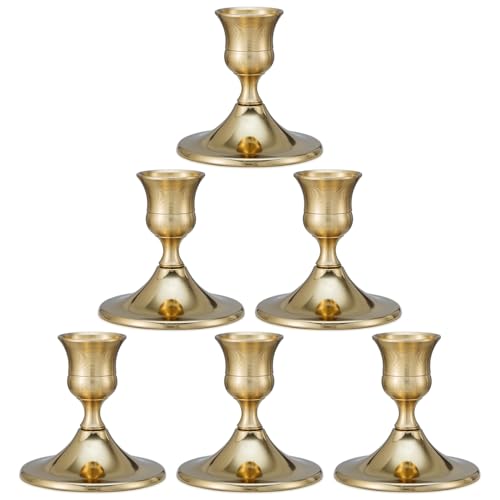 Taper Candle Stick Holder, 6PCS Brass Gold Candle Holders for Candlesticks, Vintage Metal Candlestick Holders for Dinner Room Table Centerpiece or Mantel Wedding Party Decor (6, Gold) - color: Gold