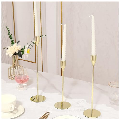 3Pcs Lemon Gold Candlestick Holders Set Fit 3/4" Tall Taper Candle Home Decorative Table Centerpieces for Family Dinning, Party Decoration - color: Lemon Gold, size: 3 set