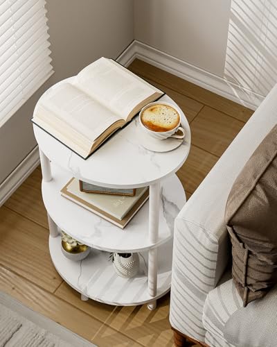 Round Pedestal End Table - 3-Tier Oval Accent Table for Small Spaces, Rustic Wood and Metal Couch Side Table, Nightstand for Bedroom or End Table Living Room, Easy to Assemble, Marble White - color: Marble White, size: 1-Pack, style: Without Power Outlets
