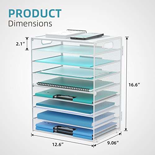 DALTACK 9-Tier Paper Organizer for Desk, Mesh Letter Tray Desk Organizer with Handles, Space-Saving File Organizer for Office Home School, White - color: Desk Organizer White