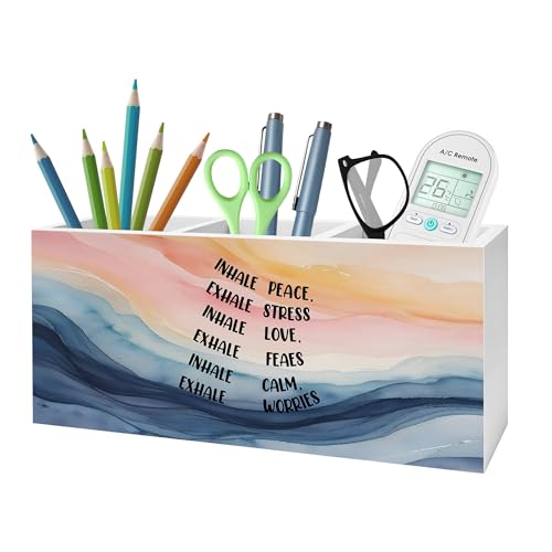 Abstract Mental Health Pencil Pen Holder for Desk, Inhale Peace Exhale Stress Wooden Pencil Holder Organizer for Therapy Office Desk Accessories, School Counselor Office Must Haves - color: Color-Desk accessories white 08