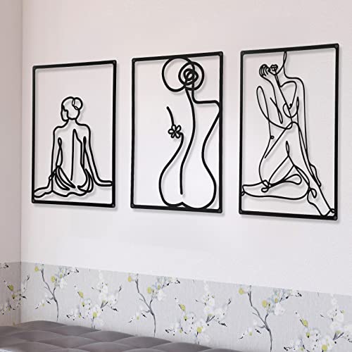 CHENGU 3 Pieces Metal Minimalist Abstract Woman Wall Art Line Drawing Wall Art Decor Single Line Female Home Hanging for Kitchen Bathroom Living Room - style: Body Style