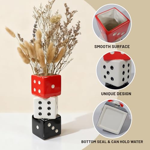 Tnstbiee Triple Dice Vase - Unique Ceramic Small Vase with Wide Mouth | Modern Decorative Flower Vase for Living Room | Perfect for Fresh,Pampas Grass,Roses & Utensils | Ideal Gift for Art Enthusiasts - color: Red, White and Black Dice Vase