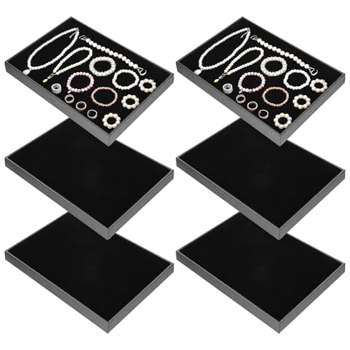 Velvet Jewelry Trays 6 Pcs Black Stackable Jewelry Organizer Trays for Earring Necklace Bracelet Ring Jewelries Storage Display Case - color: Black-6pcs