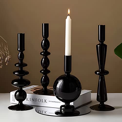 Candle Stick Candle Holder, Glass Candle Holders for Table Centerpiece, Modern Style Black Candle Holder Mixed 4pcs - color: Black