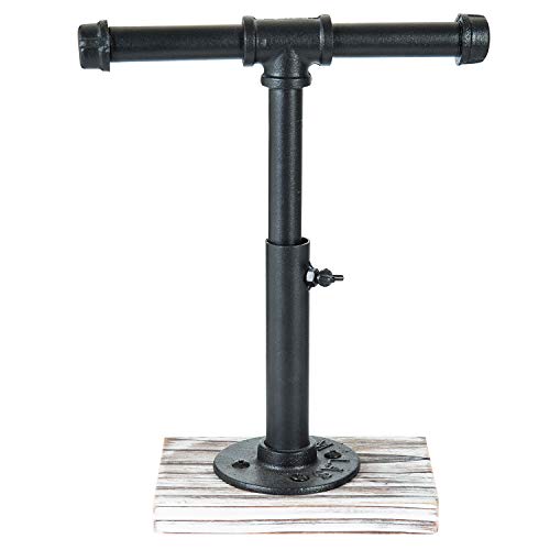 MyGift Industrial Pipe Black Metal T-Bar Adjustable Height Jewelry, Bracelet & Necklace Display Stand with Torched Wood Base - color: Black / Torched Wood