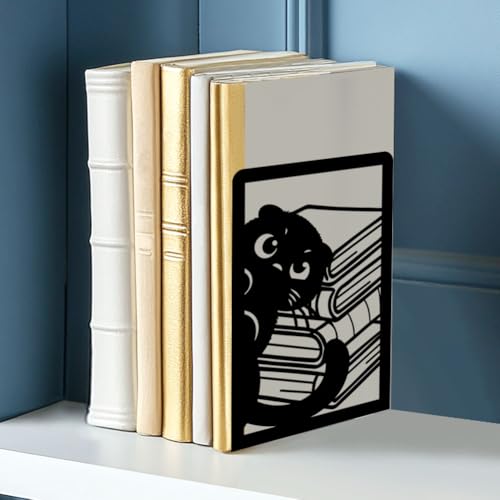 Nonskid Thickening Iron Metal Bookends for Shelves, Cute Peeping Cats Book Shelf Book Ends Decorative for Library School Office Home Study Desk Organizer Decorative Books - style: Cat
