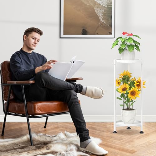 KMOTASUO 2 Tier Plant Stand Indoor for Large Tall Heavy Duty Planter, Multiple Sturdy Metal Flower Corner Rack for Narrow House Floor, Iron Vertical Level Round Orchi Holder Organizer, White - color: White, size: 2 Tier
