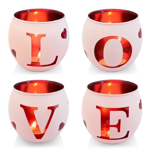 Love Glass Tea Light Candle Holders, Votive Tealight Holder Table, Love Centerpiece Decorations for Wedding Valentines Anniversary Party Decor (Pink-4) - color: Pink-4