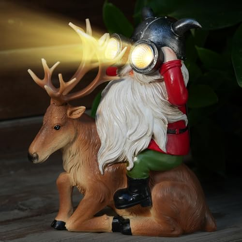 VChymm Garden Gnome Statues Resin Gnome Sitting On Deer Statues Solar Lights Outdoor Telescope Gnome Gifts for Yard, Patio Decor Gift (Deer Gnome) - color: Deer Gnome