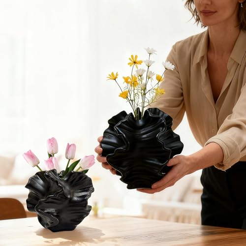 Ceramic Vase, Set of 2 Black Vases for Home Decoration, Flower Vase Minimalist Nordic Boho Style for Modern Farmhouse Decor, Living Room; Kitchen; Coffee Table; Dining Table; Office;Bedroom - color: 2 Black Ceramic Vases