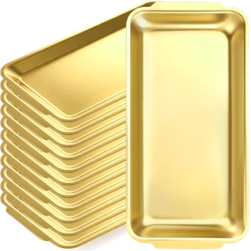 Gold 12 Pcs Small Stainless Steel Serving Tray Bulk 8.66'' x 4.33'' Rectangle Stainless Steel Food Serving Platter with Handle Vanity Tray Decorative Party Plate for BBQ Buffet Appetizer - color: Gold