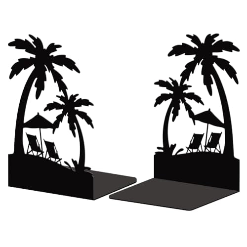 Peacoblue Metal Bookends for Shelves, Modern Decorative Heavy Duty Study Book Support Stoppers for Office, Desk, Shelf, Room 5.3"x4.3"x7.9" Cast Iron Simple Tall Bookends, 1 Pair (Beach and Palm) - style: Beach and Palm