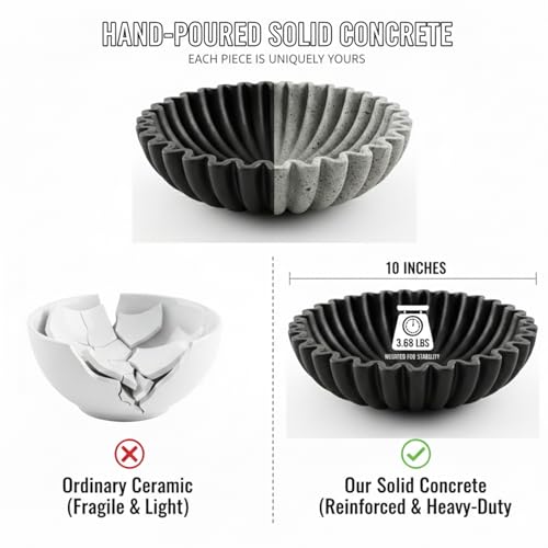 Hand-Poured Solid Concrete Decorative Bowl - Scalloped Ruffle Large Fruit Bowl, Organic Modern & Wabi Sabi Centerpiece for Kitchen Counter, Entryway Key Holder, Coffee Table Decor(10" Black) - color: Beige