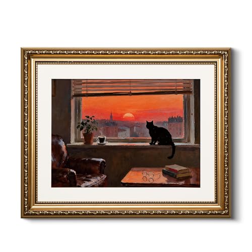 HUARCEY Vintage Sunset Black Cat Artwork 13''x16'' Canvas Print, Ornate Gold Framed Wall Art, Moody Aesthetic City Window View Quiet Moment Decor for Home Living Room Bedroom Study Office - color: Cat Watching, size: 16"L x 13"W
