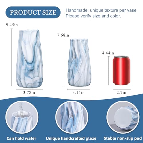 Blue Vases for Home Decor, Decorative Striped Flower Vase, White vases for Table Centerpieces, Light Blue Coastal Vase Set of 2, Ceramic Decoration for Living Room - color: Blue Marble