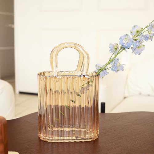 10.8" Modern vase, Transparent Blue Glass Striped Handbag vase, Home Decoration. Elegant Handbag, Suitable for Bedroom, Living Room and Home Decoration- Amber - color: Vertical Patterned Vase - Amber