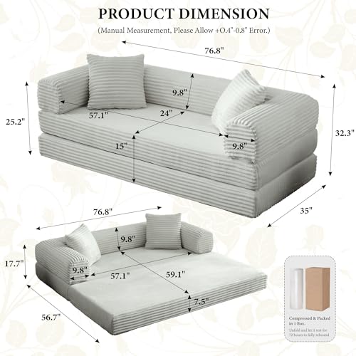 Boneless Couch Versatile Couches for Living Room No-Install Sofa Bed Corduroy Futon Soft Cloud Couch with Pillows for Bedroom Game Movie (Light Grey, 76") - color: Light Grey