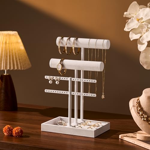 bussdis 3 Tier Bracelet Holder Display - Detachable T Bar Pure White Velvet Bracelet Holder, Jewelry Holder Organizer for Bracelet, Necklace, Earrings, Rings - color: Pure White, size: Standard