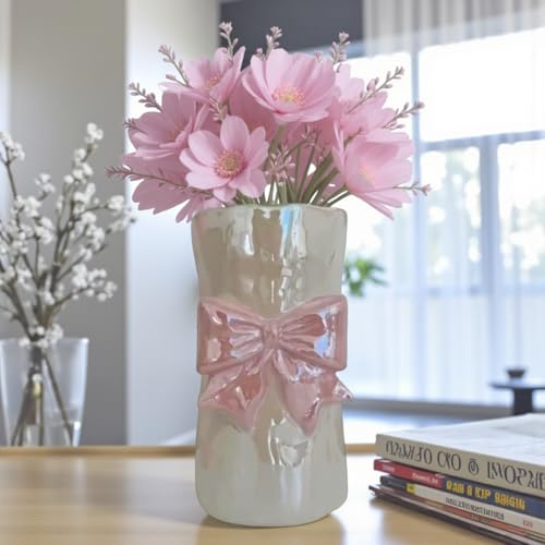 Bow Flower vase, Bow vase for Flowers, Pink Bow Ceramic Vase – Cute Vase with Shiny Glaze, Modern vase Decor (Pink Bow)