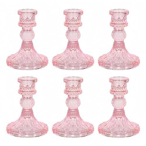 Glass Candlestick Holder,Striped Taper Candle Holders,Set of 6 Candle Stand for Table Centerpieces, Home Decor,Weddings,Festival and Parties (Pink Dimond) - color: Pink Dimond
