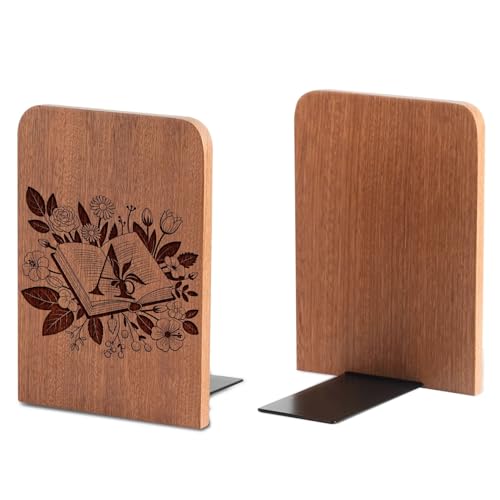 Wood Bookends, Book Ends for Shelves with Decorative Alphabet A and Z Design - Heavy Duty Iron & Ebony Wood Book Ends for Shelves Bookcase Desk - 1 Pair - A - color: A