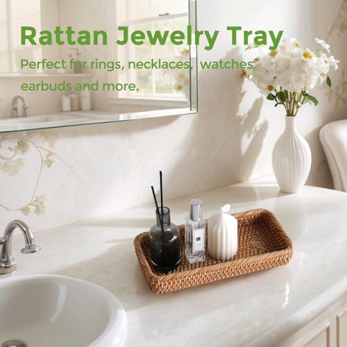 Small Rattan Serving Tray, Natural Wicker Decorative Tray for Trinket Ring Cosmetic, Rectangular Keys Basket Jewelry Perfume Trays for Coffee Table Entryway Living Room(10" × 5.1") - style: S (10" × 5.1")