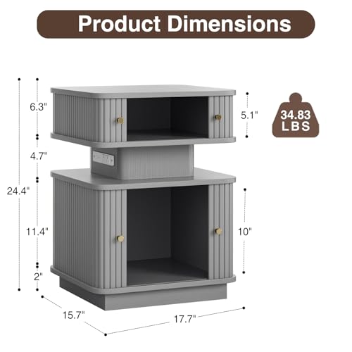 LED Light End Table with Charging Station, Grey Mid Century Bedside Table with USB Type A C Ports, Small Fluted Accent TV Control Nightstand with 2 Sliding Door for Living Room, Curvy Edge - color: Grey