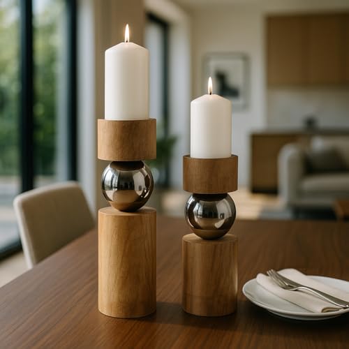 Modern Wood and Stainless Steel Candle Holders - Pillar Candlestick Holders for Table Centerpiece, Shelf, or Bedroom Decor - Decorative Candle Stand Holders for Home Decor Set of 2-13", 11" Tan