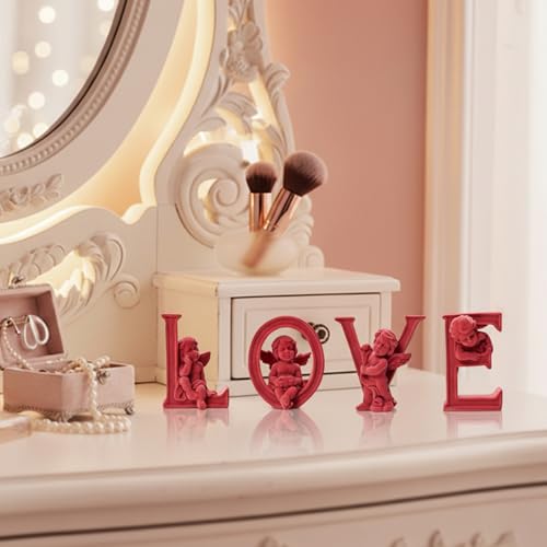 Cupid Statue Velvet Flocked Sculpture Anniversary Wedding Gifts, Cherub Angels Statue Romantic Love Figurine Modern Art Decor for Living Room, Bookshelf, Coffee Table Decor (Red) - color: Cupid-red