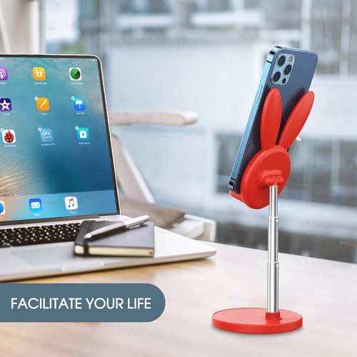OATSBASF Cute Phone Stand, Pink Phone Stand with Bunny Desk Decor for Women as Pink Desk Accessories and Adjustable Cell Phone Holder for Desk Compatible with All Mobile Phones (Red) - color: Red