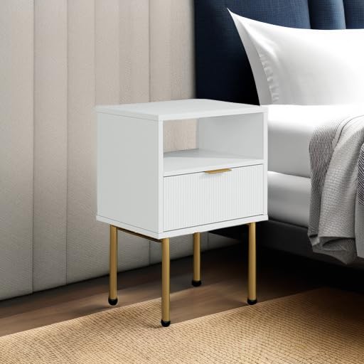 Masupu Nightstand,Mid-Century Modern Bedside Table with Storage Drawer and Open Wood Shelf,Small Gold Frame Side Table for Bedroom,Living Room,White - color: A.white, style: 1 Drawer