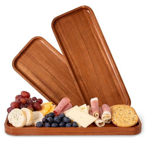 Solid Acacia Wood Serving Trays (14 x 5.5 inches) Rectangular Wooden Large Serving Platters for Food, Wooden Platter for Charcuterie, Appetizer Serving Tray, Wood Cheese Board (Set of 3 Plates) - size: Medium