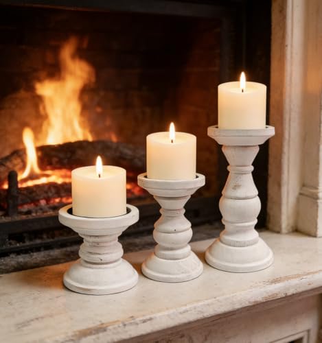 Wood Candle Holder for Pillar Candle Set of 3, Farmhouse Candle Holder Decor, Rustic Wooden Candle Stand, Vintage Tall Candle Stand Decorative for Living Room, Table Centerpiece,Rustic White - size: Set of 3