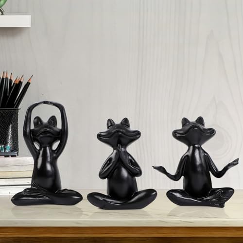 Suoedd Black Frog Figurines Yoga Decor Set of 3 –Frog Yoga Statues for Modern Living Room Table Office Bookshelf Shelves Home Sculptures Decor - color: Black Frog-3