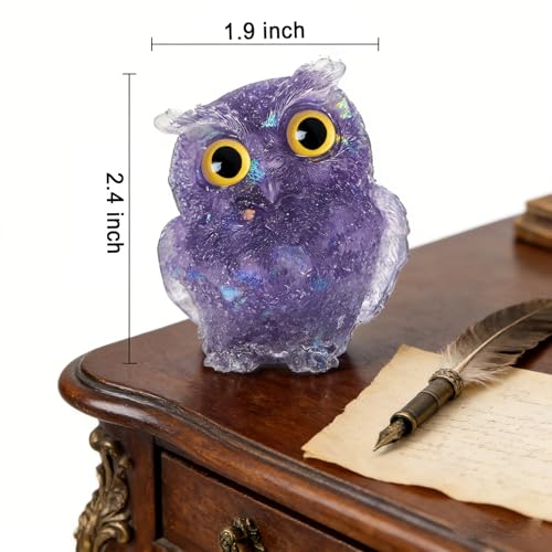 OwMell Owl Statue Tumbled Stone Gemstone Owl Figurine Home Decor Shelf Decor 2.5" - Deep Purple - color: Deep Purple