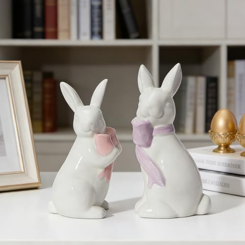 WDS WONDROUS 2PCS Easter Decoration Bunny Decor - Spring Easter White Rabbit Sculpture, Ceramic Statues with Bow for Farmhouse Home Decor Tabletop Shelf Mantel Dining Table Centerpiece