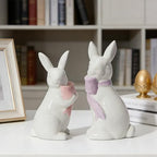 WDS WONDROUS 2PCS Easter Decoration Bunny Decor - Spring Easter White Rabbit Sculpture, Ceramic Statues with Bow for Farmhouse Home Decor Tabletop Shelf Mantel Dining Table Centerpiece