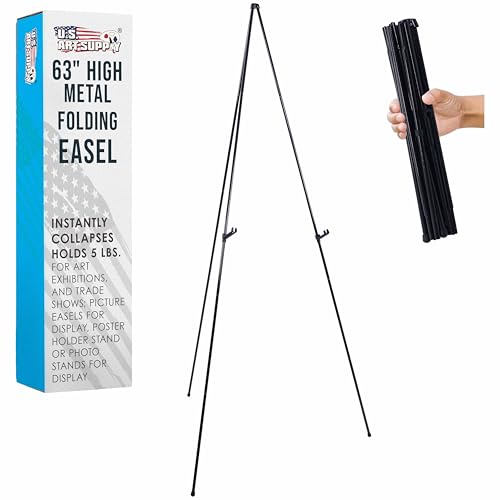 U.S. Art Supply 63" High Metal Folding Display Easel - Adjustable Height, Instantly Collapses, Holds 5 lbs - Portable Art Easel Stand - for Sign, Poster, Canvas, Painting, Picture Display - style: Standard
