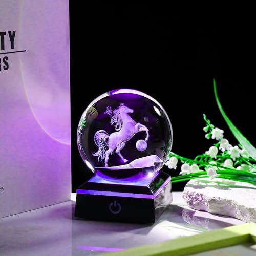 Qianwei Horse Gifts for Women 3D Crystal Ball 3.14'' - Laser Horse Decor Glass Animals Gifts Figurines Statue Stuff for Room Decorations Night Light - style: Horse