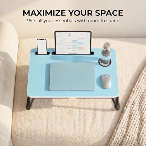 BUYIFY Foldable Laptop Bed Desk for Couch, Sofa - Large Lap Desk Tray Table with Cup Holder and Tablet Slot - Portable Notebook Stand for Eating, Writing, Studying and WFH (Blue) - color: Blue