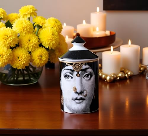 AlphaDesignLuxe Decorative Candle Holder Handcrafted Aromatherapy Candle Jar Italian Designer Décor Fashionable Tabletop Vase Modern Art Female Face Eyes Lips Centerpiece. (Floral Yellow)