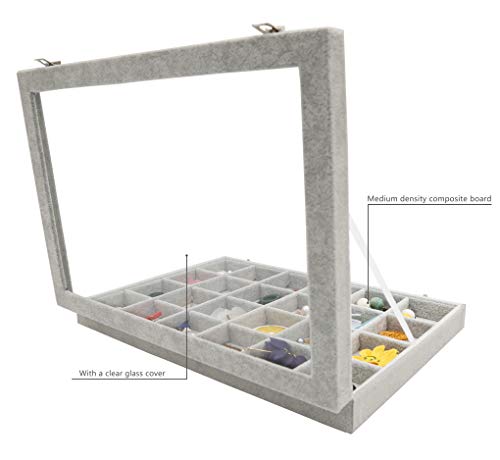 Stratalife Velvet Jewelry Organizer 24 Grid Jewelry Tray with Clear Glass Lid Display Showcase Storage Organizer Box for Earring Necklace Rings Dice Gray (24 Grids) - color: Gray, size: 30 Grid